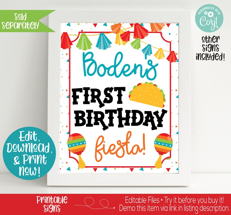 May include: A printable sign for a first birthday party with a fiesta theme. The sign is white with colorful confetti and a banner of flags. It says "Boden's First Birthday fiesta!" with a taco and maracas.