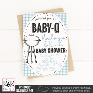 May include: A blue and white gingham patterned invitation for a baby shower. The invitation features a black and white illustration of a grill and the text "Join us for a Baby-Q Mackenzie & Kurt's Baby Shower Saturday, June 5th 2 pm-6pm 3490 Mid-Radial Murfreesboro, TN 33431 RSVP Kaitlyn 555.5555 Registered at amazon.com"