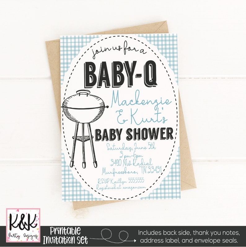 May include: A blue and white gingham patterned invitation for a baby shower. The invitation features a black and white illustration of a grill and the text "Join us for a Baby-Q Mackenzie & Kurt's Baby Shower Saturday, June 5th 2 pm-6pm 3490 Mid-Radial Murfreesboro, TN 33431 RSVP Kaitlyn 555.5555 Registered at amazon.com"