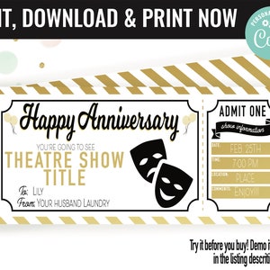 Anniversary Theatre Play Musical Ticket Surprise Gift Voucher, Surprise Theatre Musical Printable Template Editable Instant Download Certifi