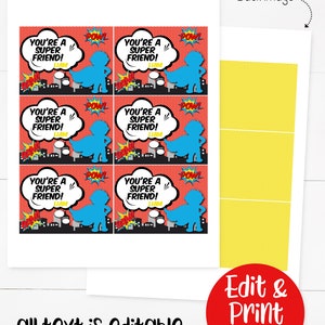 May include: Printable superhero-themed favor tags with the text "You're a Super Friend!" and a superhero silhouette. The tags are red, blue, black, and yellow with the text "POW!" and "BAM!" in the background.