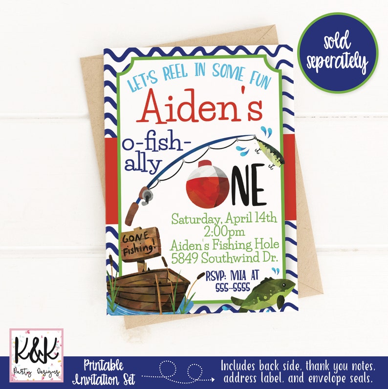 May include: Printable invitation set for a first birthday party with a fishing theme. The invitation features a blue and white striped background with a red, white, and blue fishing pole and a red bobber. The text on the invitation reads "Let's reel in some fun Aiden's o-fish-ally one".