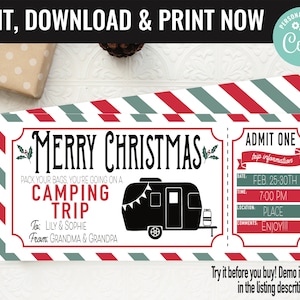 Christmas Surprise Camping RV Trip Gift Voucher, Camping RV Trip Printable Template Gift Card, Editable Instant Download Gift Certificate