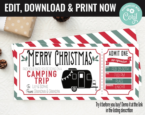 Christmas Surprise Camping RV Trip Gift Voucher, Camping RV Trip Printable Template Gift Card, Editable Instant Download Gift Certificate Il_570xn