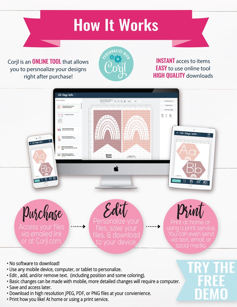 Pu&ograve; includere: Come usare Corjl, uno strumento di progettazione online. L'immagine mostra uno schermo di computer, un tablet e un telefono che mostrano uno striscione arcobaleno, una lettera A e B e un cerchio rosa con il testo "Edit". Il testo "Try the Free Demo" &egrave; nella parte inferiore dell'immagine.