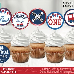 Train Cupcake Toppers, Train Birthday Party Decorations, Train Toppers, Boys First Birthday, 1st Birthday, Train Printable, Editable Corjl