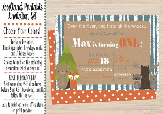 Woodland Birthday Party Invitation - Woodland Party Decorations- Woodland Party - Woodland Birthday - Fox Birthday Invitation - 1st Birthday Il_570xn