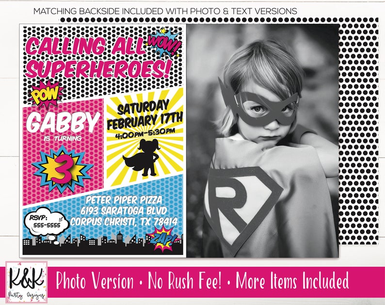 May include: A superhero-themed birthday party invitation for a girl turning three. The invitation features a comic book style design with a photo of a girl wearing a superhero costume. The text on the invitation reads "Calling all superheroes! Gabby is turning 3. Saturday February 17th 4:00pm-5:30pm. Peter Piper Pizza 6193 Saratoga Blvd Corpus Christi, TX 78414. RSVP: 555-5555."