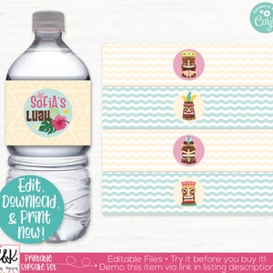 Pu&ograve; includere: Etichette per bottiglie d'acqua stampabili a tema luau. Le etichette presentano un design di dio tiki e il testo "Sofia's Luau".