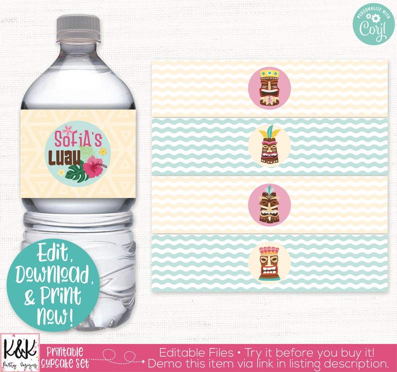 Pu&ograve; includere: Etichette per bottiglie d'acqua stampabili a tema luau. Le etichette presentano un design di dio tiki e il testo "Sofia's Luau".