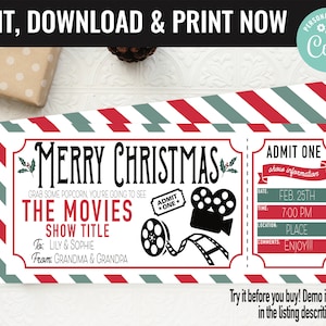 Christmas Movie Ticket Surprise Gift Voucher, Surprise Movie Show Ticket Printable Template, Editable Instant Download, Gift Certificate