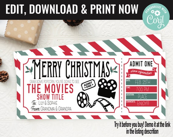 Christmas Movie Ticket Surprise Gift Voucher, Surprise Movie Show Ticket Printable Template, Editable Instant Download, Gift Certificate Il_570xn