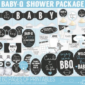 May include: A printable baby shower package with a barbecue theme. The package includes a banner, round banner, cupcake wrappers, food labels, party signs, and more. The design features black and white text on a blue and white gingham background.