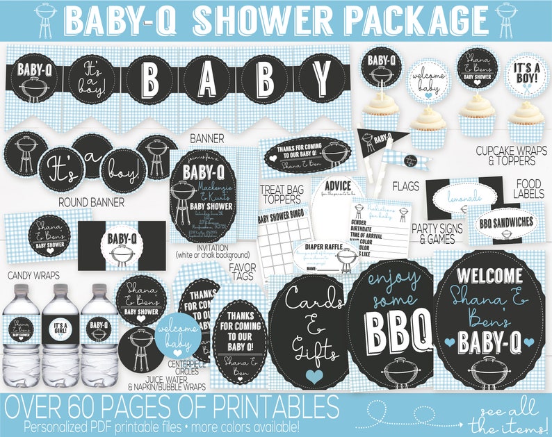 May include: A printable baby shower package with a barbecue theme. The package includes a banner, round banner, cupcake wrappers, food labels, party signs, and more. The design features black and white text on a blue and white gingham background.