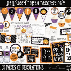 May include: A set of printable Halloween party decorations featuring black, orange, and purple colors. The decorations include banners, cupcake wrappers, treat bag toppers, party signs, and more. The text "Happy Halloween" and "Trick or Treat" are featured on several of the decorations.