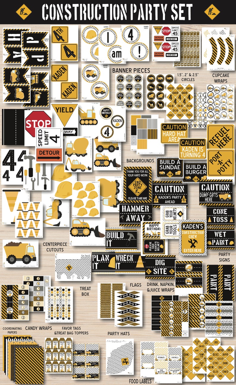 Puede incluir: Conjunto de imprimibles para una fiesta de construcci&oacute;n con un esquema de color amarillo y negro. Incluye pancartas, envoltorios para cupcakes, etiquetas para cajas de golosinas, sombreros de fiesta, etiquetas para alimentos y letreros con gr&aacute;ficos y texto de tem&aacute;tica de construcci&oacute;n como "Construye", "Planea", "Destruye" y "Sitio de excavaci&oacute;n".