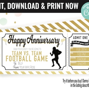 Anniversary Football Ticket Surprise Gift Voucher, Football Game Surprise Printable Template Gift Card, Editable Instant Download Certificat