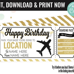Birthday Boarding Pass Surprise Gift Voucher, Surprise Flight Trip Printable Template Gift Card, Editable Instant Download Certificate