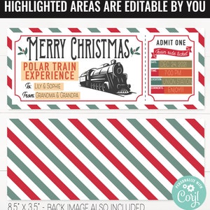 Op de afbeelding: Een printbaar kersttreinkaartje met een rode en groene gestreepte achtergrond. Het kaartje zegt "Merry Christmas Polar Train Experience" en heeft bewerkbare velden voor de ontvanger, de gever, de datum, de tijd, de locatie en de opmerkingen. Het kaartje bevat ook een zwart-witte illustratie van een trein.