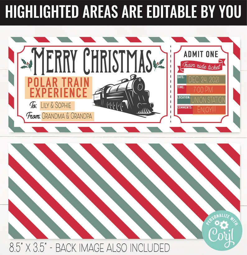 Op de afbeelding: Een printbaar kersttreinkaartje met een rode en groene gestreepte achtergrond. Het kaartje zegt "Merry Christmas Polar Train Experience" en heeft bewerkbare velden voor de ontvanger, de gever, de datum, de tijd, de locatie en de opmerkingen. Het kaartje bevat ook een zwart-witte illustratie van een trein.
