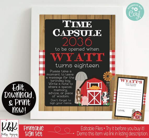 Farm Birthday Time Capsule Sign, 1st Birthday Capsule, Barnyard Farm Time Capsule, Farm Theme 1st Birthday Party Decorations, Farm Printable Il_570xn