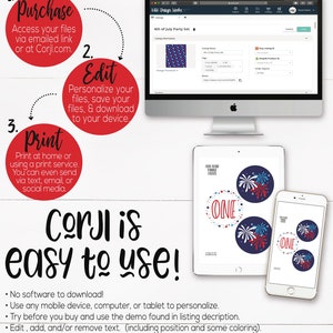Puede incluir: Una ilustraci&oacute;n digital que muestra los pasos para editar, descargar e imprimir un conjunto de fiesta del 4 de julio. El conjunto incluye un dise&ntilde;o de fuegos artificiales rojo, blanco y azul con la palabra "ONE" en un c&iacute;rculo. La ilustraci&oacute;n muestra una pantalla de computadora con un sitio web de Corjl.com, una tableta y un tel&eacute;fono inteligente.