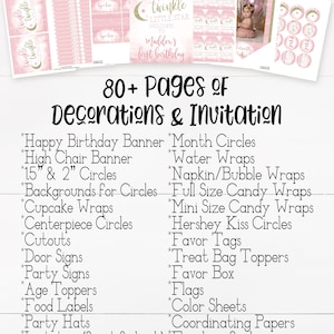May include: Pink and gold printable party decorations for a baby's first birthday with a twinkle twinkle little star theme. The set includes 80+ pages of decorations and invitations, including banners, circles, cupcake wraps, treat bag toppers, and more.