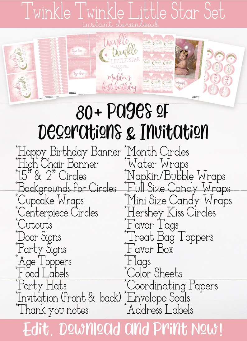 May include: Pink and gold printable party decorations for a baby's first birthday with a twinkle twinkle little star theme. The set includes 80+ pages of decorations and invitations, including banners, circles, cupcake wraps, treat bag toppers, and more.