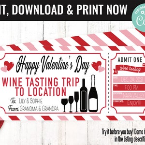 Valentine&#39;s Winery Trip Ticket Surprise Gift Voucher, Wine Tasting Printable Template Gift Card, Editable Instant Download, Gift Certificate