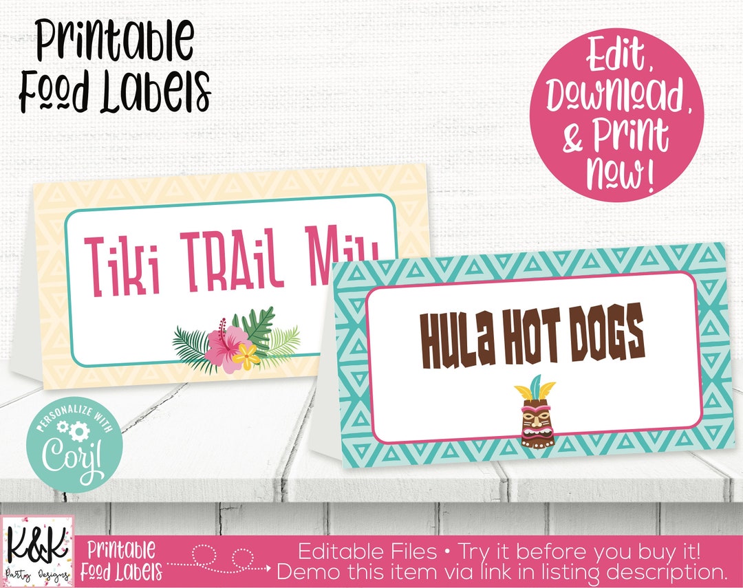 Luau Party Food Labels, Luau Place Cards, Luau Buffet Cards, Luau Party ...