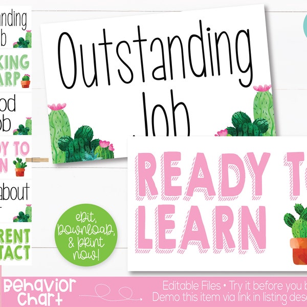 Cactus Succulent Theme Classroom Editable Behavior Clip Chart Printable, Teacher Supply, Printable Classroom Teacher Decoration & Supplies