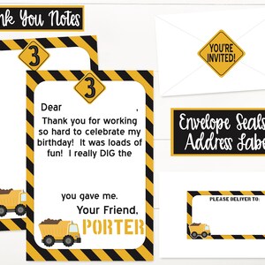 Puede incluir: Dos tarjetas de agradecimiento de construcci&oacute;n de color amarillo y negro con un gr&aacute;fico de cami&oacute;n volquete y el texto "Thank You Notes" y "Querido/a, Gracias por trabajar tan duro para celebrar mi cumplea&ntilde;os! &iexcl;Fue muy divertido! Realmente me gusta el que me diste. Tu amigo, PORTER".