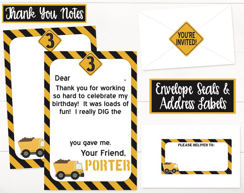 Puede incluir: Dos tarjetas de agradecimiento de construcci&oacute;n de color amarillo y negro con un gr&aacute;fico de cami&oacute;n volquete y el texto "Thank You Notes" y "Querido/a, Gracias por trabajar tan duro para celebrar mi cumplea&ntilde;os! &iexcl;Fue muy divertido! Realmente me gusta el que me diste. Tu amigo, PORTER".