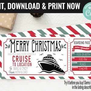 Christmas Cruise Trip Ticket Surprise Gift Voucher, Boarding Pass Cruise Trip Printable Template, Editable Instant Download Gift Certificate