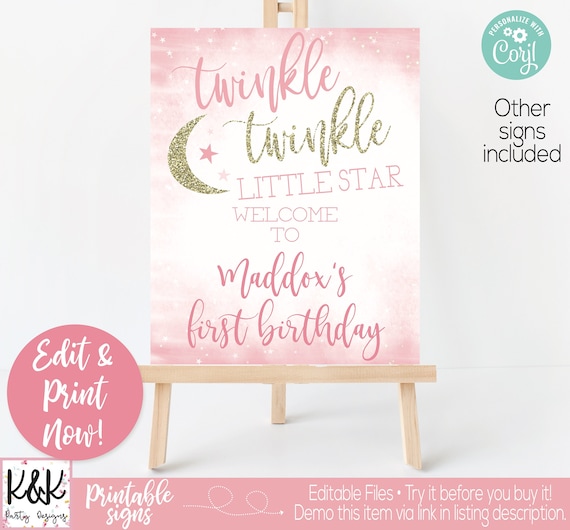 Twinkle Twinkle Little Star Party Decorations, Twinkle Little Star Party Sign, First Birthday Girl, Girl 1st Birthday, Editable Instant Il_570xn