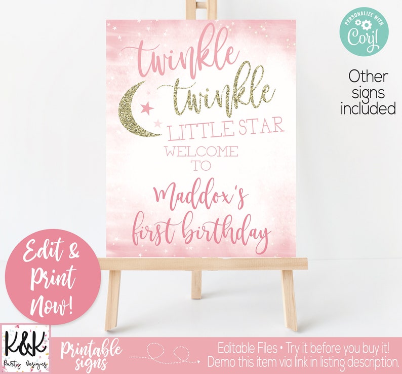 Twinkle Twinkle Little Star Party Decorations, Twinkle Little Star Party Sign, First Birthday Girl, Girl 1st Birthday, Editable Instant image 1
