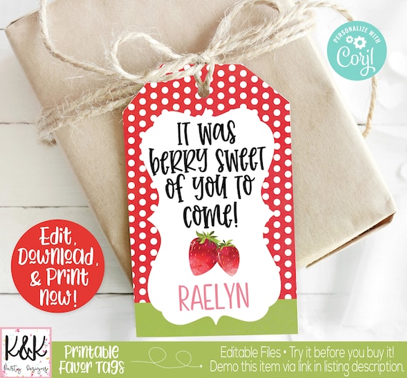 Strawberry Favor Tag, Strawberry Birthday Party Decorations, Strawberry Party Favor, Strawberry Thank You, Berry Sweet To Be, First Birthday Il_570xn