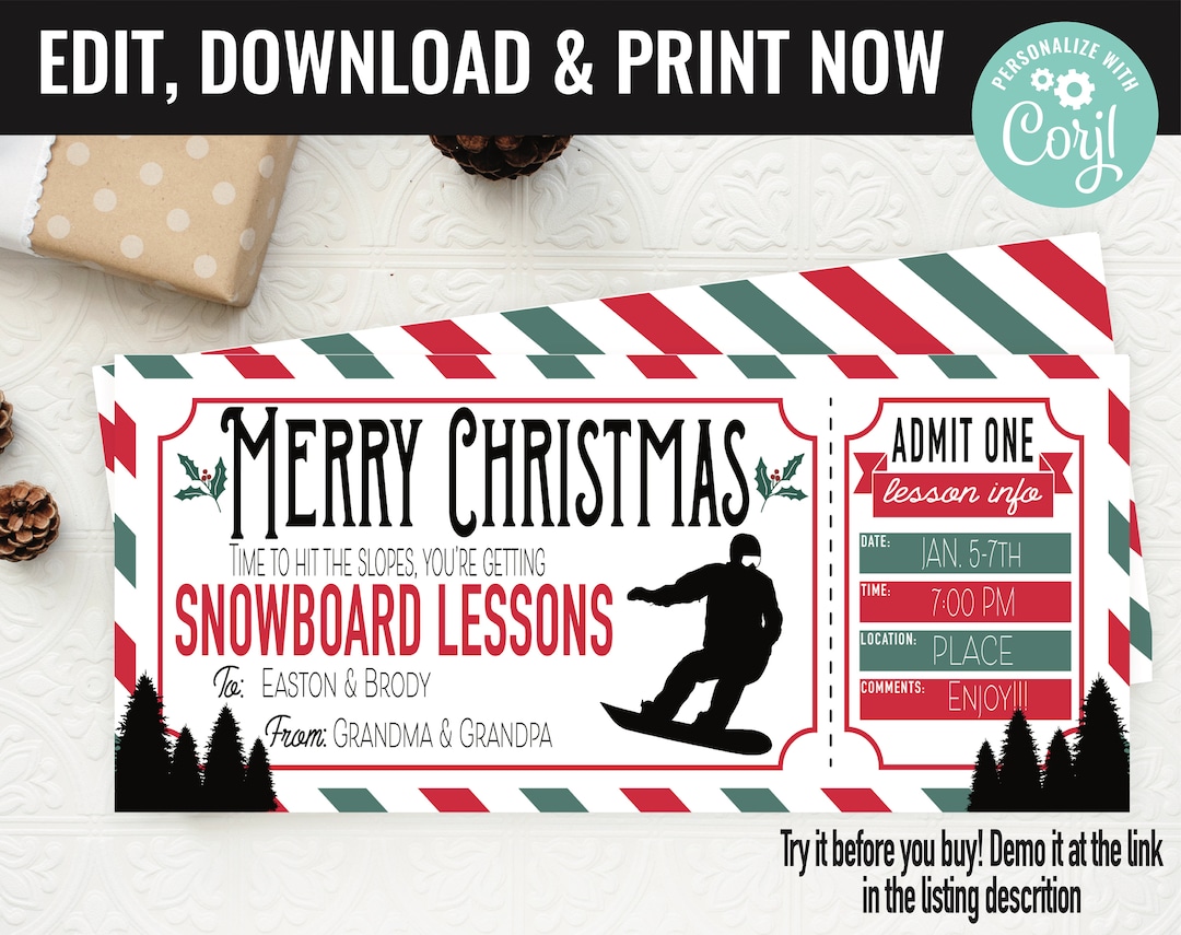 Christmas Snowboard Lessons Ticket Surprise Gift Certificate Voucher