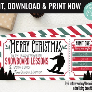 Christmas Snowboard Lessons Ticket Surprise Gift Certificate Voucher, Snowboard Ticket Printable Template Gift Card Editable Instant Downloa