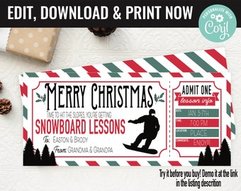 Christmas Snowboard Lessons Ticket Surprise Gift Certificate Voucher, Snowboard Ticket Printable Template Gift Card Editable Instant Downloa