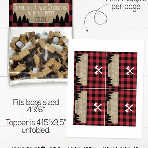 May include: Printable thank you tags with a red and black buffalo plaid pattern. The tags feature a brown kraft paper background with the text "Thank you! It was S'more fun with you here!" and a space for a name. The tags are 4.15 inches by 3.5 inches unfolded and fit bags that are 4 inches by 6 inches.