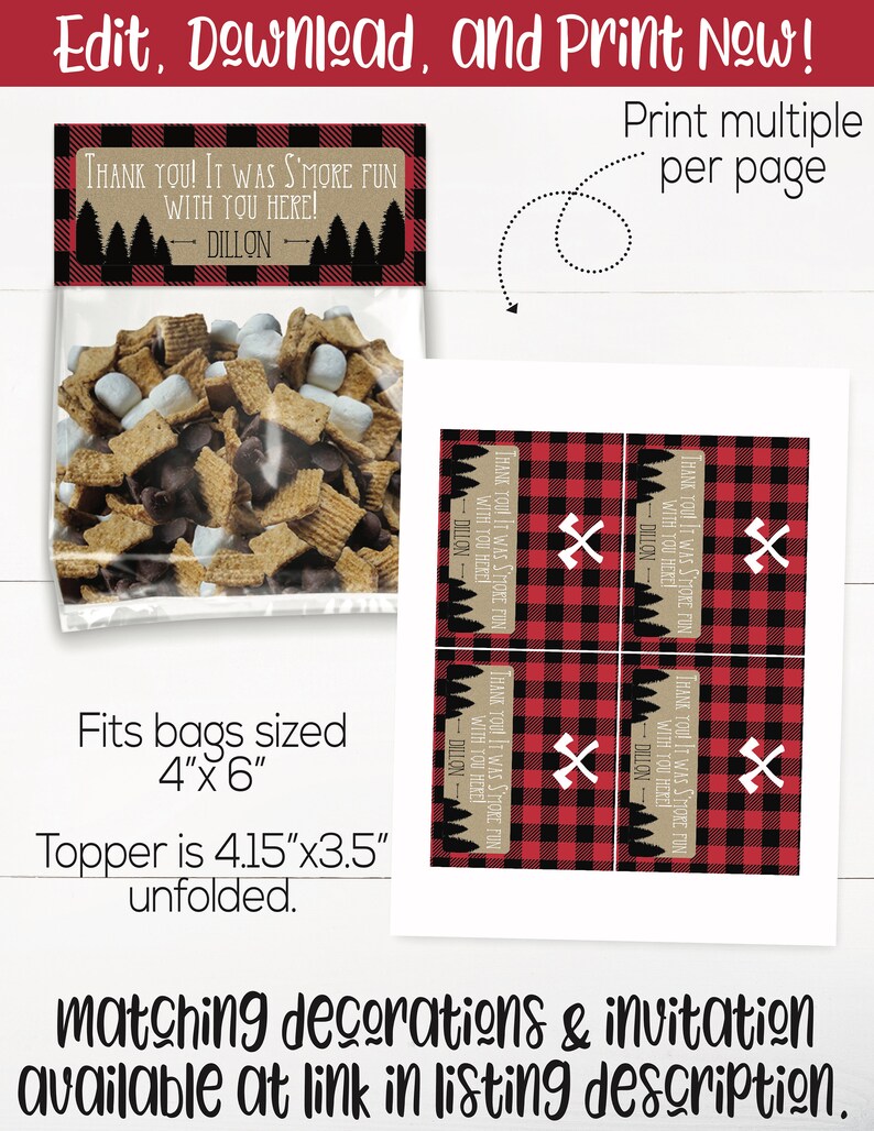 May include: Printable thank you tags with a red and black buffalo plaid pattern. The tags feature a brown kraft paper background with the text "Thank you! It was S'more fun with you here!" and a space for a name. The tags are 4.15 inches by 3.5 inches unfolded and fit bags that are 4 inches by 6 inches.