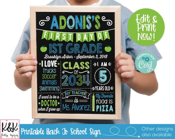First Day of School Sign Printable, Back to School Chalkboard, 1st Day of School Sign, First Day of School Chalkboard Sign, Photo Prop Il_570xn