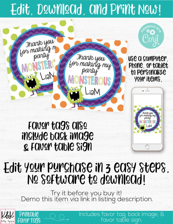 Little Monster Favor Tag, Monster Thank You, Monster Party Favor, Little Monster Birthday Party Decorations, Monster Bash, First Birthday Il_570xn