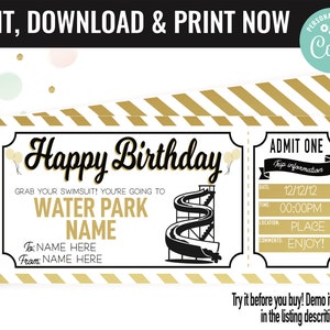 Birthday Surprise Water Park Ticket Gift Voucher, Water Park Trip Printable Template Gift Card, Editable Instant Download Gift Certificate
