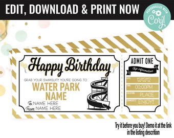 May include: A printable water park birthday ticket with a gold and white striped background. The ticket says "Happy Birthday" and "Grab your swimsuit! You're going to Water Park Name". It has a black and white illustration of a water slide. The ticket also has a section for trip information with the date, time, location, and comments.