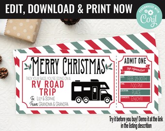 Christmas Surprise RV Road Trip Gift Voucher, Camping RV Road Trip Printable Template Gift Card, Editable Instant Download Gift Certificate