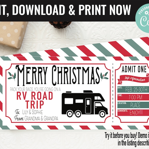 Christmas Surprise RV Road Trip Gift Voucher, Camping RV Road Trip Printable Template Gift Card, Editable Instant Download Gift Certificate