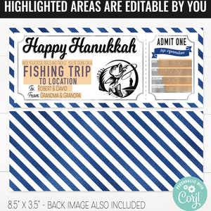 May include: A printable Hanukkah gift certificate for a fishing trip. The certificate is blue and white with a silver border. It says "Happy Hanukkah" and "Fishing Trip" with a picture of a fish and a fisherman. The text says "Pack your rods, reels and tackle, you're going on a fishing trip to location. To: Robert & David. From: Grandma & Grandpa. Admit One. Trip Information: Date: Feb. 25-30th. Time: 7:00 PM. Location: Place. Comments: Enjoy!"