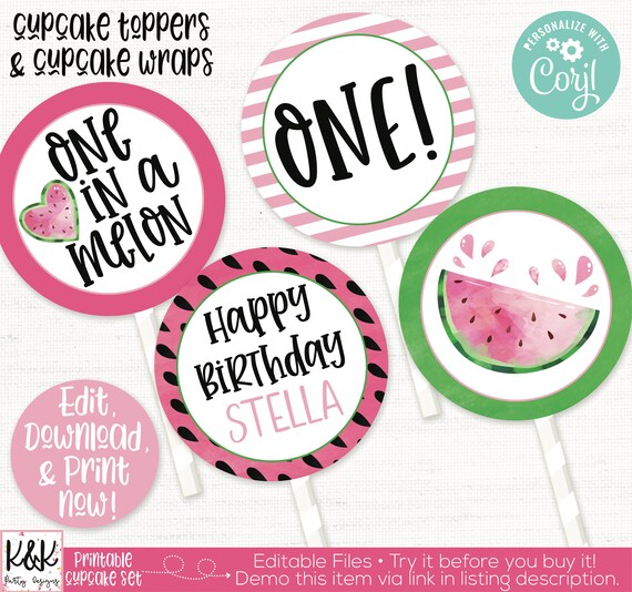 Watermelon Cupcake Toppers, One in a melon, Watermelon Birthday Party Decorations, Watermelon Printable, Summer Party, 1st Birthday, First Il_570xn